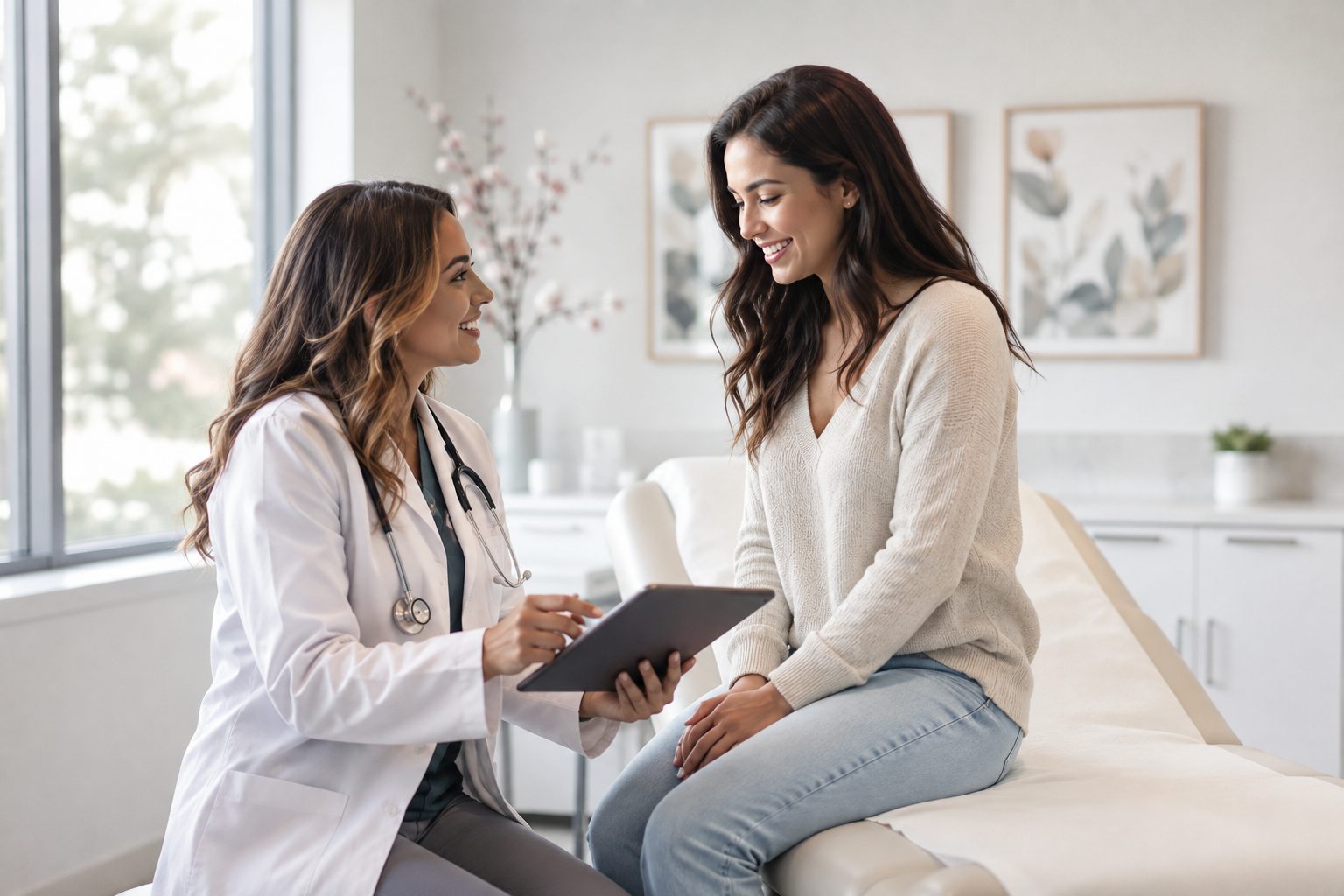 Woman meeting with a clinician about hormonal transition care